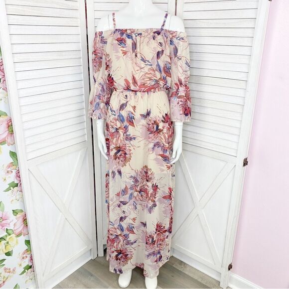 As U Wish Floral Off The Shoulder Flared Sleeve Maxi Dress Small - Picture 1 of 11